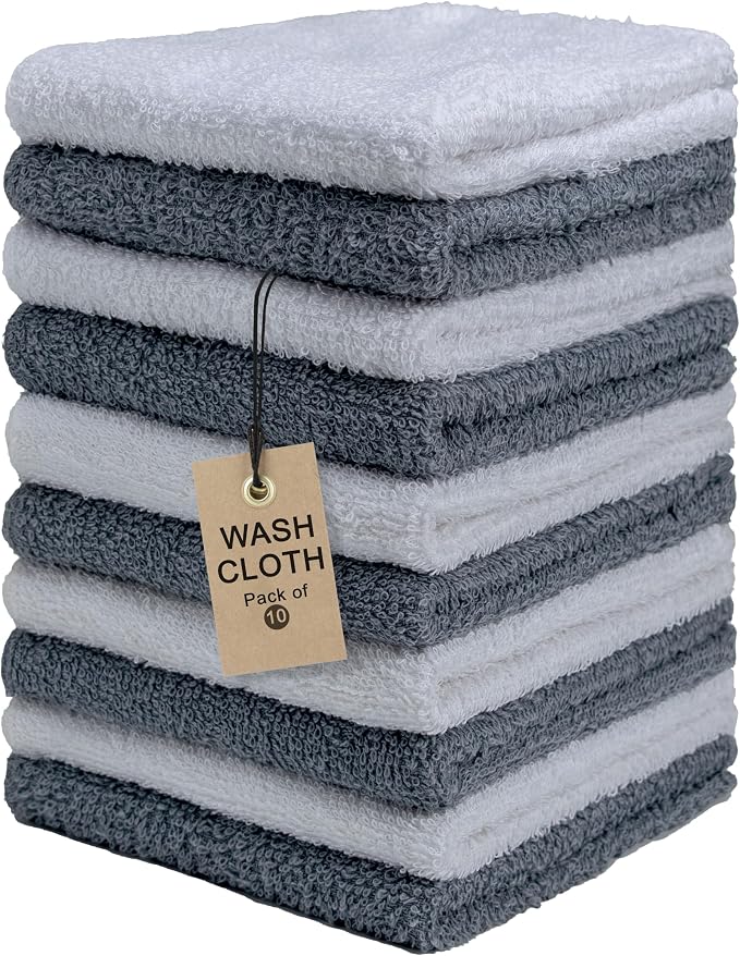 Terry Washcloths – 12x12 Inches – Pack of 10 – Grey & White – Highly Absorbent by TEXTILA