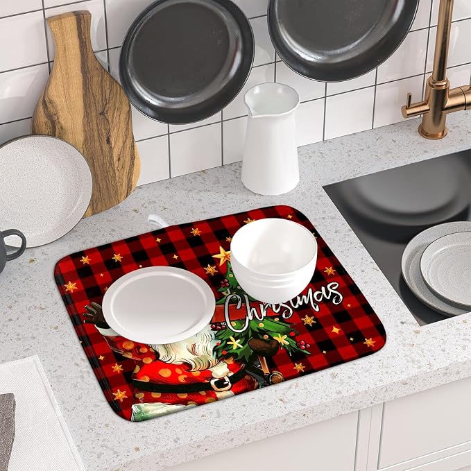 Merry Christmas Santa Claus Red Buffalo Plaid Dish Drying Mat - Image 6