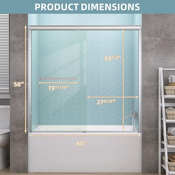 GETPRO Sliding Tub Shower Door 56-60 in. W x 58 in. H Semi-Frameless Bypass - Image 9