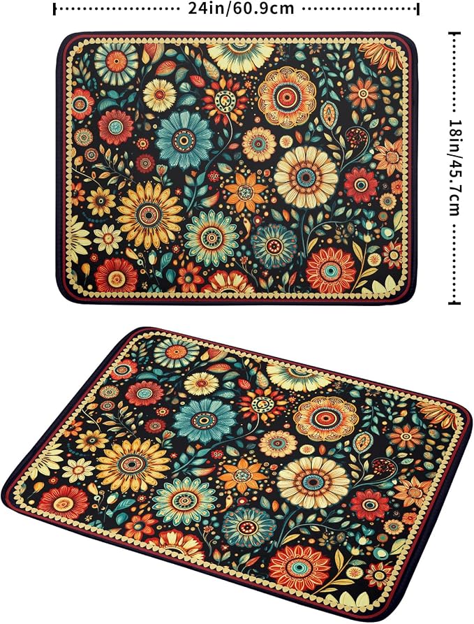 Boho Floral Dish Drying Mat for Kitchen Counter Absorbent Microfiber Flowers - Image 2
