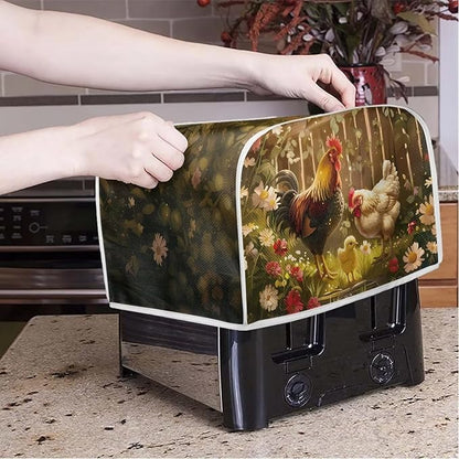Chicken Rooster Flower Toaster Cover 4 Slice Wide Slot, Washable Kitchen Appliance Cover Dust Resistant Protector for Home, Toaster Protector Kitchen Accessories