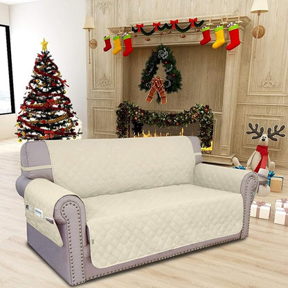Easy-Going Sofa Slipcover Loveseat Cover Waterproof Couch Cover Washable Sofa Cover for 2 Cushion Couch Non-Slip Fabric Furniture Protector with Pocket for Pets Kids Dog Cat (Loveseat, Ivory)