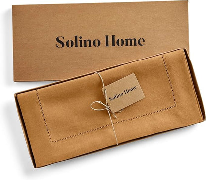 Solino Home Linen Brown Sugar Table Runner 90 Inches Long - 100% Pure Linen 14 x 90 Inch Table Runner - Classic Hemstitch