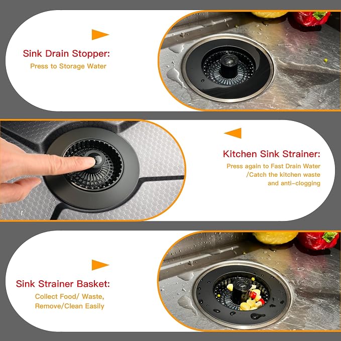 Kitchen Sink Drain Strainer 3 in 1, 304 Stainless Steel Pop Up Sink Stopper - Image 4