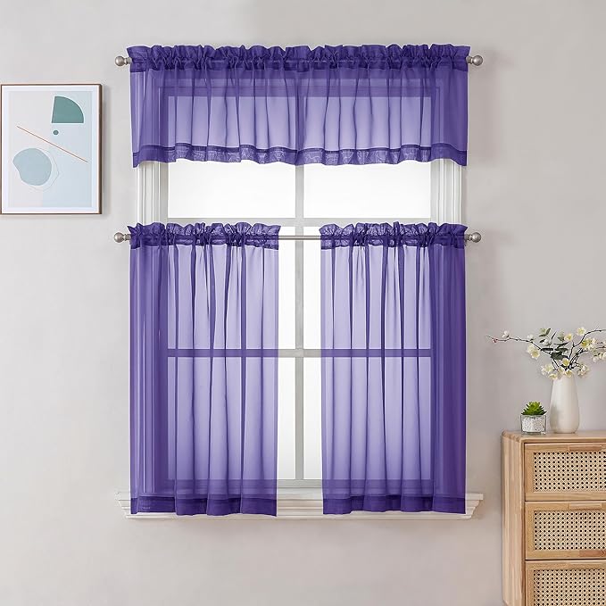 Chyhomenyc Sheer Purple Tier Curtains 24 Inch Length, Small Window Curtains - Image 2