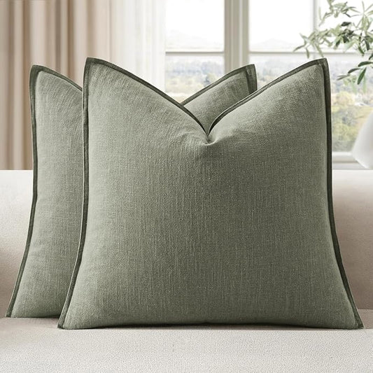 EMEMA Throw Pillow Covers Decorative Linen Pillow Covers 24x24 Inch Light Olive Green Boho Farmhouse Neutral Couch Throw Pillows for Bed Pack of 2 Accent Pillowcase Modern Sofa Cushion Livingroom Home
