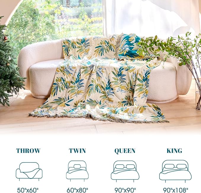 MSGKV Boho Throw Blanket for Couch Cotton Leaves Blanket 50"x60" Throws for Sofa Chair Muslin Breathable Lightweight Farmhouse Blankets Home Decor All Seasons