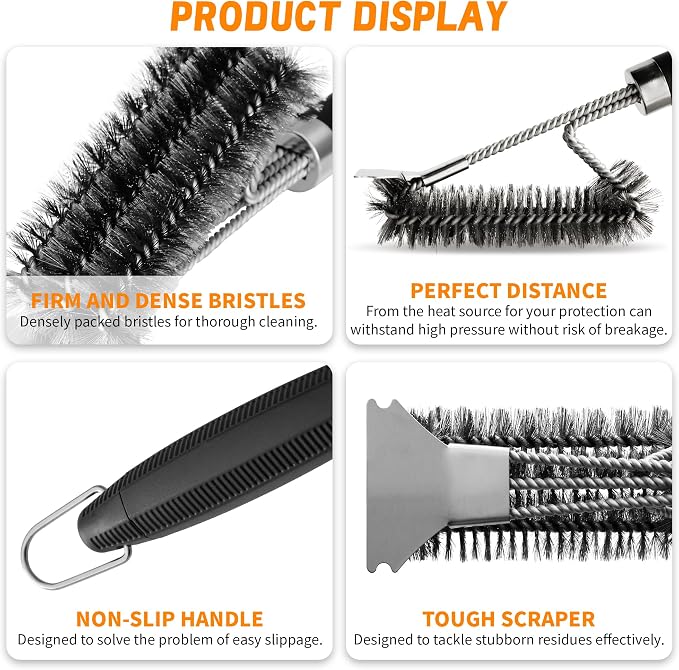 18'' BBQ Grill Cleaning Brush Scraper, 3 in 1 Barbecue Woven Wire Brush - Image 3