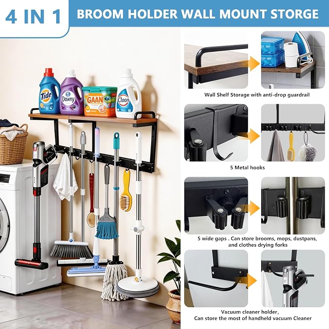 Broom Holder Wall Mount With Cleaning Supplies Organizer Shelf Broom And Mop - Image 3