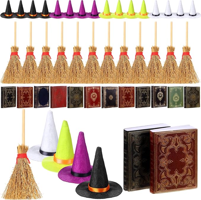 36 Pieces Mini Halloween Decorations 12 Mini Felt Witch Hats 12 Small Brooms 12 by Yuntau