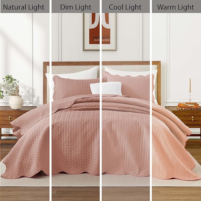IR Imperial Rooms King Quilt Bedding Set Size (106" x 96") + 2 Pillow Shams (20" x 36"+ 2") - 3 Pcs All Season Lightweight Reversible Microfiber Coverlet Embossed Quilt Bedspread (Peach/Baby Pink)