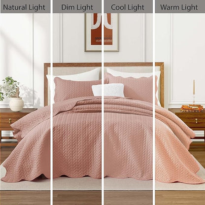 IR Imperial Rooms King Quilt Bedding Set Size (106" x 96") + 2 Pillow Shams (20" x 36"+ 2") - 3 Pcs All Season Lightweight Reversible Microfiber Coverlet Embossed Quilt Bedspread (Peach/Baby Pink)