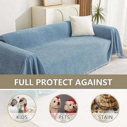 MYSKY HOME Chenille Couch Cover, Sofa Slipcover for 2-3 Cushion Sectional Couch, Machine Washable Soft Furniture Protector with Tassels, Futon Sofa Covers, Throw for Dogs, Kids 71" x 150", Blue