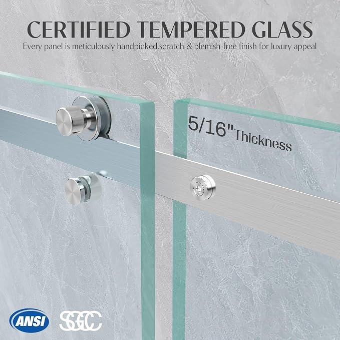 Frameless Sliding Shower Door 56-60" W x 72" H, 5/16" Heavy Duty Tempered Glass - Image 5