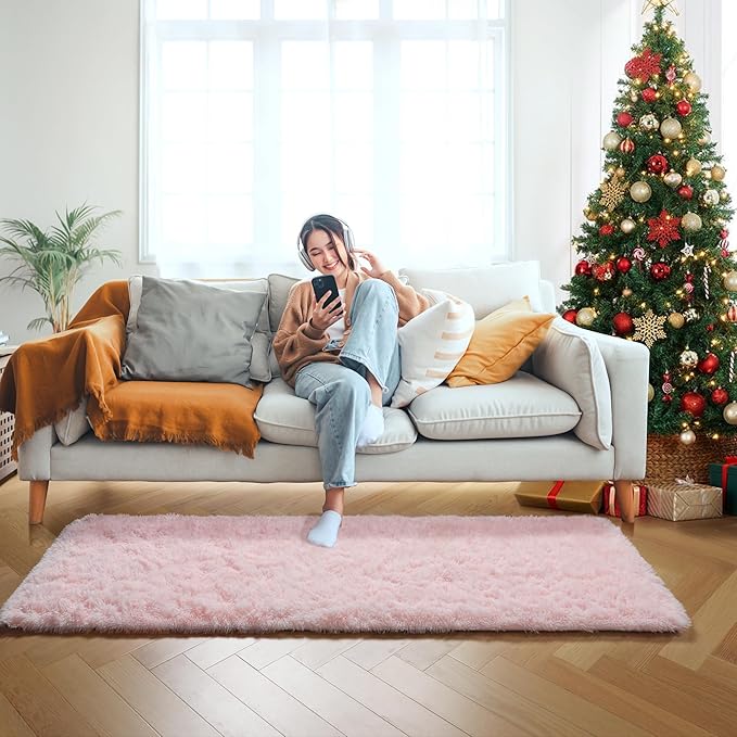 ONASAR Pink Runner Rugs for Bedroom Living Room, 2x6 Washable Bedside Hallway Fluffy Area Rug, Ultra Soft Plush Furry Faux Fur Non Slip Floor Carpet for Nursery Kids Dorm Closet Home Decor Aesthetic