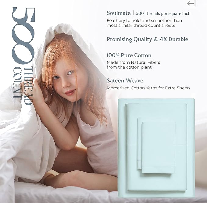 Mayfair Linen 500 Thread Count Twin XL Cotton Sheets - 3 PC Twin XL Size Bed Sheet Set Cotton (Sea Foam), Ultra Soft, Cooling, Sateen Weave Hotel-Quality 16" Deep Pocket Bedsheet (Fits 18" Mattress)
