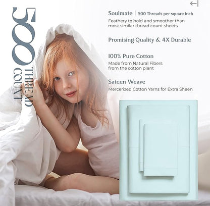 Mayfair Linen 500 Thread Count Twin XL Cotton Sheets - 3 PC Twin XL Size Bed Sheet Set Cotton (Sea Foam), Ultra Soft, Cooling, Sateen Weave Hotel-Quality 16" Deep Pocket Bedsheet (Fits 18" Mattress)