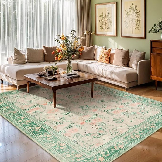 Green Floral Rug for Living Room Bedroom, 5x7 Washable Rug, Vintage Boho Area - Image 2