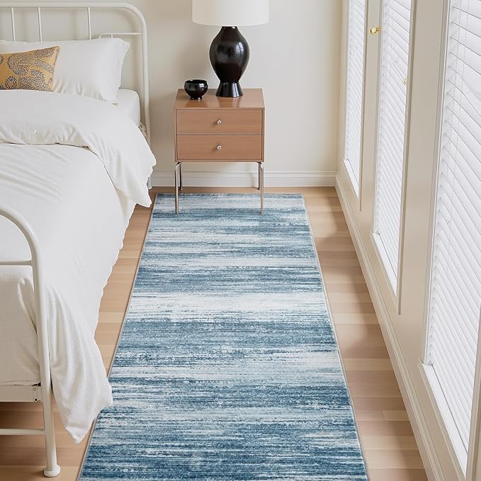 PADOOR Modern Abstract Runner Rug - 2x8 Washable Hallway Rugs, Ultra Soft Non-Slip Low Pile Floor Rugs for Hallway Entryway Kitchen Bedroom Bedside Laundry Room Blue