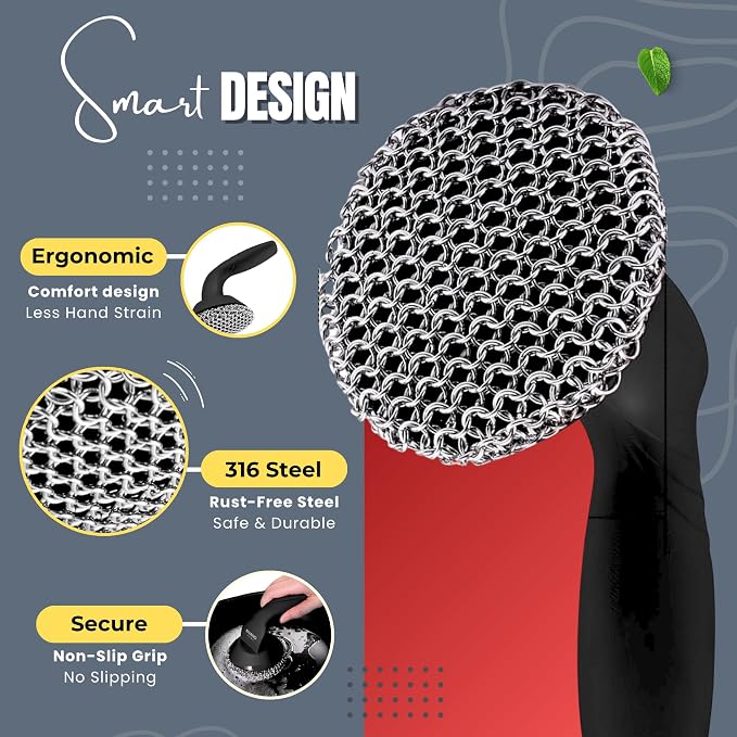 KIVANO Cast Iron Scrubber with Pan Scraper, 316L Chainmail Scrubber, Long - Image 3