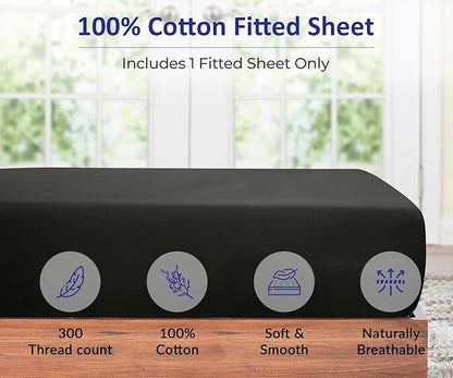 ROYALE LINENS 300 Thread Count 100% Long Staple Combed Cotton Fitted Sheet Twin XL - Super Soft Deep Pocket Bottom Sheet - Fitted Sheets Only - Elastic Sheets (Twin XL, Black)