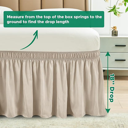 Biscaynebay Wrap Around Bed Skirts for King & Cal King Beds 18" Long Drop, Light Camel Elastic Dust Ruffles Easy Fit Wrinkle & Fade Resistant Silky Luxurious Fabric Solid Machine Washable