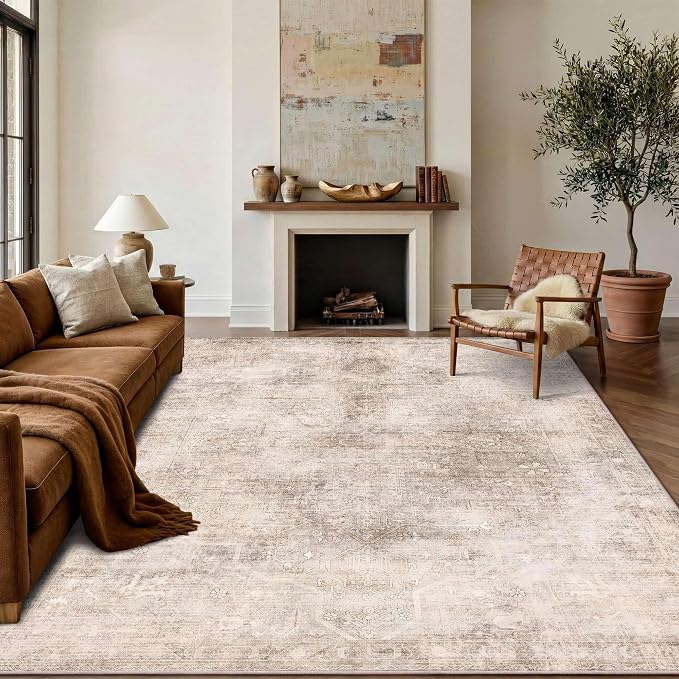 Vintage 8x10 Beige Brown Rug for Living Room, Washable Large Neutral Area Rugs - Image 5
