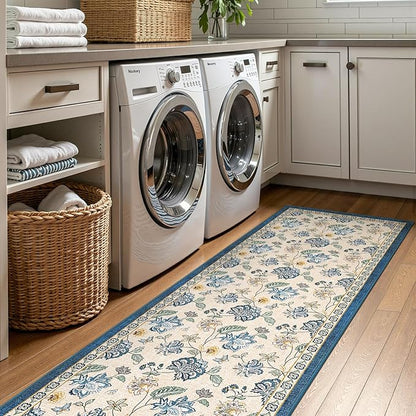jinchan Elora 3x8 Floral Runner Rug for Hallway Washable Kitchen Runner Vintage Romance Design Non Slip Thin Indoor Floor Cover Low-Profile Throw Carpet for Entryway Bathroom Bedroom Porch, Blue/Beige