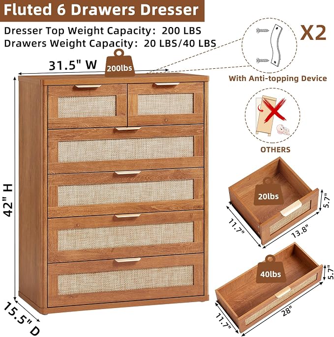 LEYAOYAO Rattan Dresser for Bedroom, Modern 6 Drawers Boho Dressers - Image 3