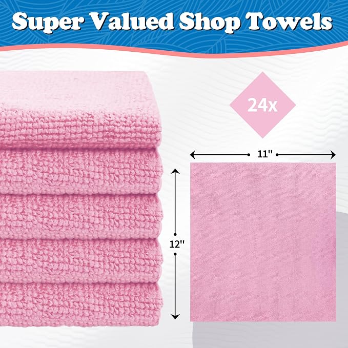 FIXSMITH Microfiber Cleaning Cloth, Shop Towels Bulk, 24 Pack Pink Microfiber - Image 2