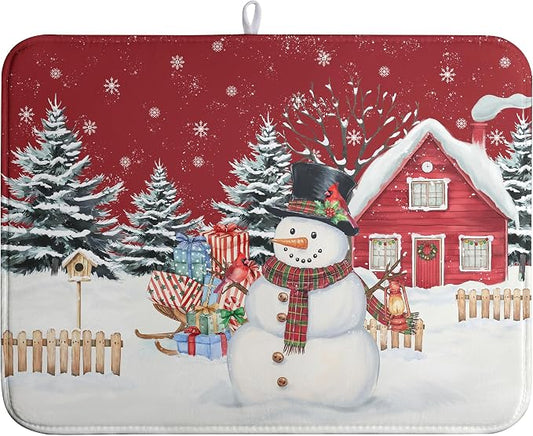 Christma Snowman Dish Drying Mat Winter Snowflake Large Kitchen Mats Dish by farg