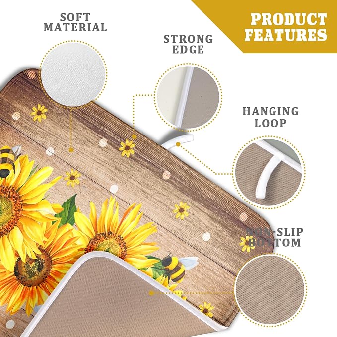 Sunflower Bee Dish Drying Mat for Kitchen Counter Home 16x18 Inch Wood Barn - Image 4