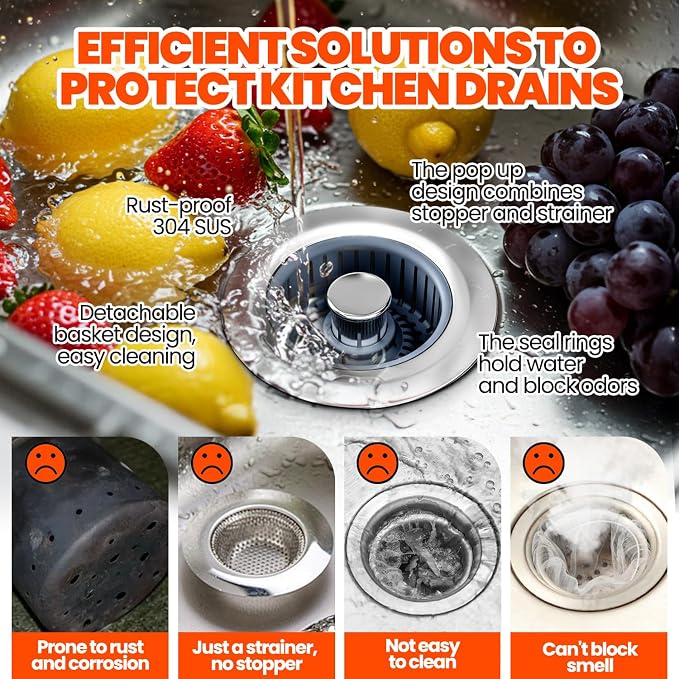 Kitchen Sink Drain Strainer & Sink Stopper, Upgraded 3 in 1 Stainless Steel - Image 6