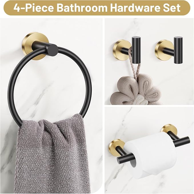 Black Gold Bathroom Hardware Set, 4-Piece Towel Holder Set Include Double Bases - Image 2