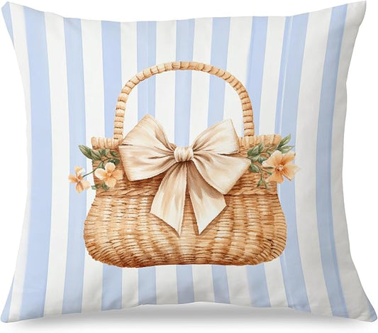 Coastal Beach Basket Pillow Covers 18x18, Preppy Beach Room Decor, Coquette Bow Floral Basket Blue White Striped Throw Pillow Covers for Girls Bedroom Dorm Home