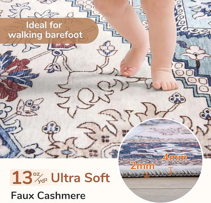 OPPODREAM Thin Entryway Rug 2x10, 2x10 Rug Runner, Washable Hallways Carpet 2 x 10 with Non Slip Backing, Low-Pile Bedside Carpet 2 x 10, Long, Faux Cashmere, Navy Blue & Red & Cream