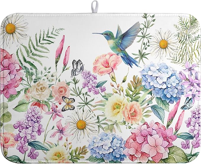Spring Floral Birds Dish Drying Mat Summer Butterfly Flowers Kitchen Dish by farg