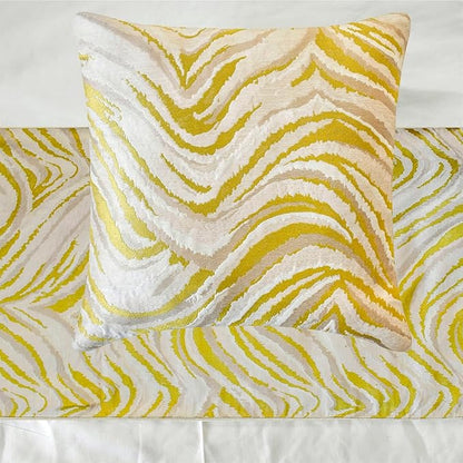 The HomeCentric King/Queen/Twin Yellow & Grey Decorative Bed Runner CA King 86"x18" Bed Runner with One Pillow Cover, Abstract Wave Pattern Bed Scarf on Jacquard Fabric - Yellow Whirls