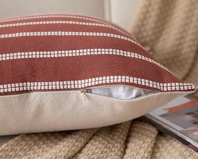 Caflife Boho Fall Throw Pillow Covers 18x18 Set of 2 Soft Farmhouse Decorative Couch Pillow Cases Rust Striped Pillow Covers Neutral Cushion Covers for Sofa Bed Living Room Home Decor