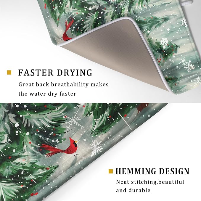 Winter Pine Tree Dish Drying Mat Red Bird Berry Dishes Drainer Mats Absorbent - Image 3