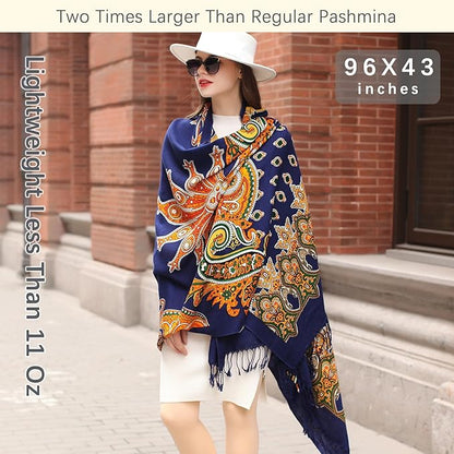 DANA XU 100% Merino Wool Pashmina Shawl for Women 96"x43", Oversized Cashmere Wrap with Tassels, Floral Travel Blanket Cape