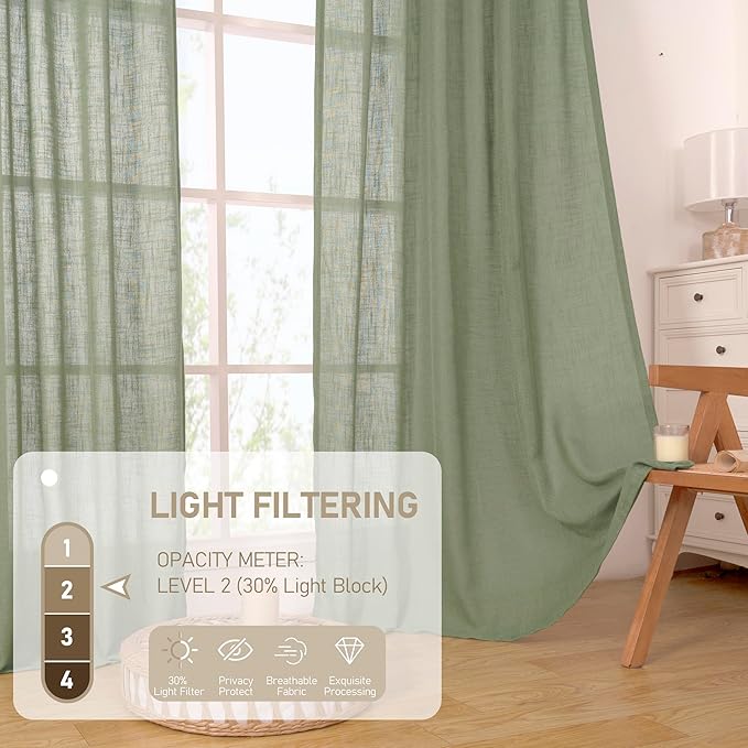 LAMIT Sage Green Linen Boho Curtains, 84 inch Length, 2 Panels, Light Filtering, Semi Sheer, Back Tab and Rod Pocket, Neutral Panels for Bedroom/Living Room, 34 x 84 Inch