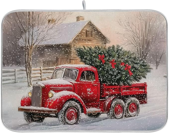 Red Christmas Truck Dish Drying Mat by BOENLE-WELCOMEYOURCOMING