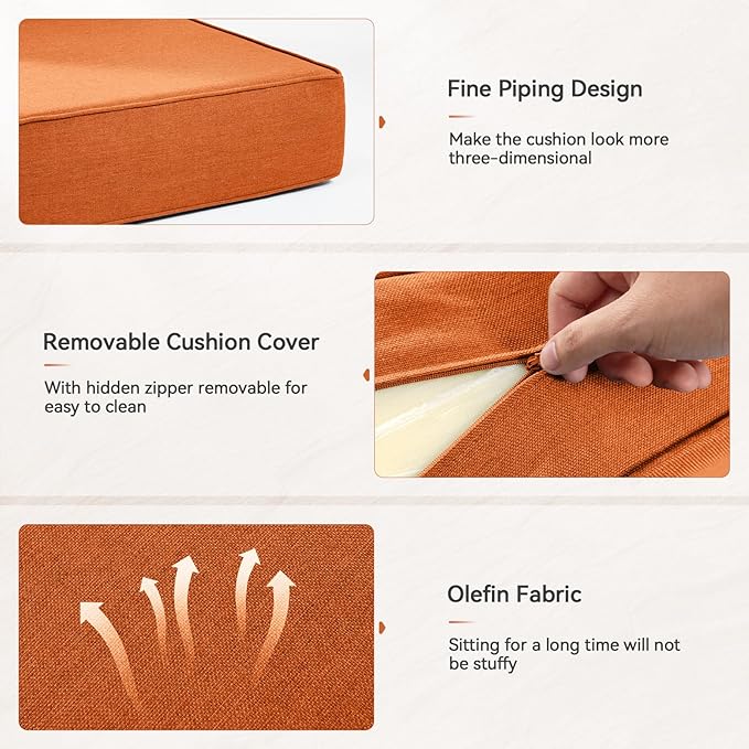 Luxury 6" Outdoor Cushions for Patio Furniture, 24x24x6" Thick Seat Cushion Set of 6, Fade Resistant Couch Chair Replacement Cushions High Density Deep Wicker Chair Cushion w/ Removable Cover, Orange