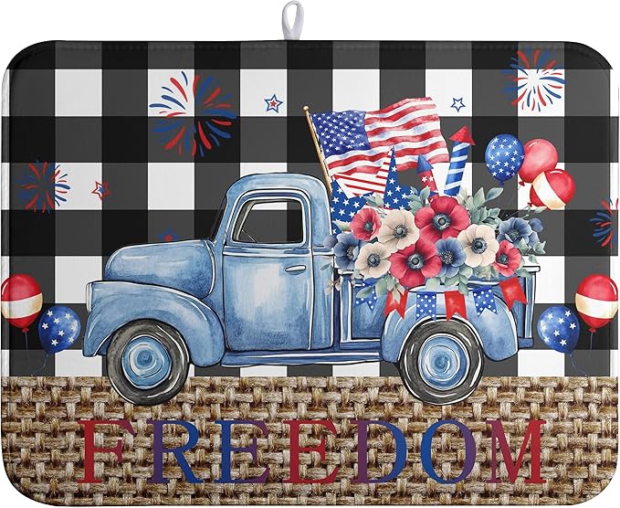 4th of July Buffalo Plaid Dish Drying Mat Patriotic Large Kitchen Mat Dish by farg