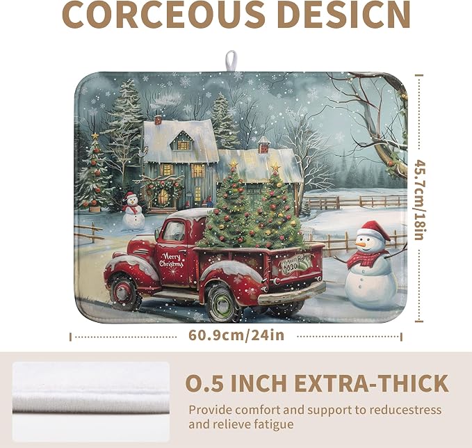 Christmas Red Truck Xmas Tree Snowman Dish Drying Mat - Image 2