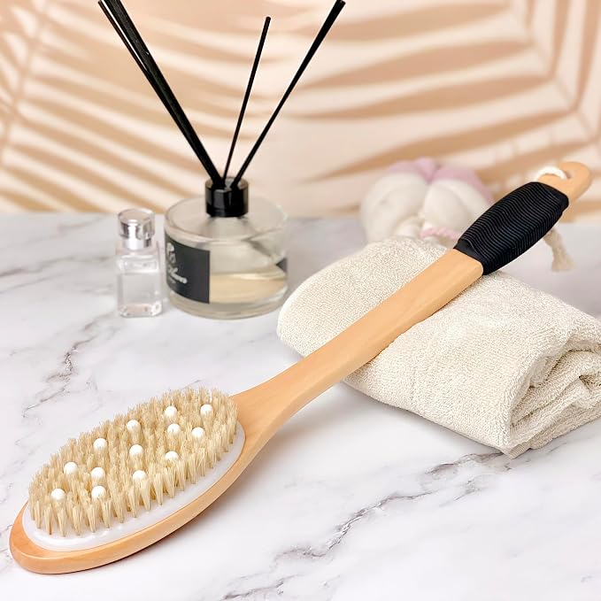 OWIIZI Bath Brush with Cellulite Massagers, Wooden Curved Long Handle Antiskid - Image 7