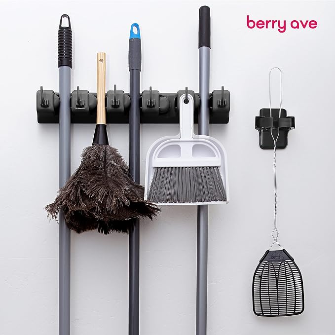 Combo 5 Slot Broom Holder w/ 1 Self Adhesive Mop Gripper No-Drilling, Wall - Image 9