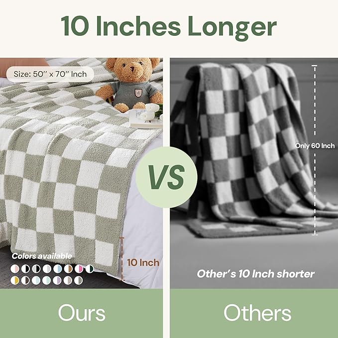 WRENSONGE Checkered Throw Blanket, Light Grey Soft Cozy Fluffy Warm Hand Made Throw Blankets for Couch, Sofa, Chair, Bed, Camping, Picnic, Travel Lightweight Bed Blanket - 50"*70"