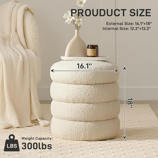 Round Ottoman with Storage Boucle Ottoman Stool with Storage Removable Lid - Image 2